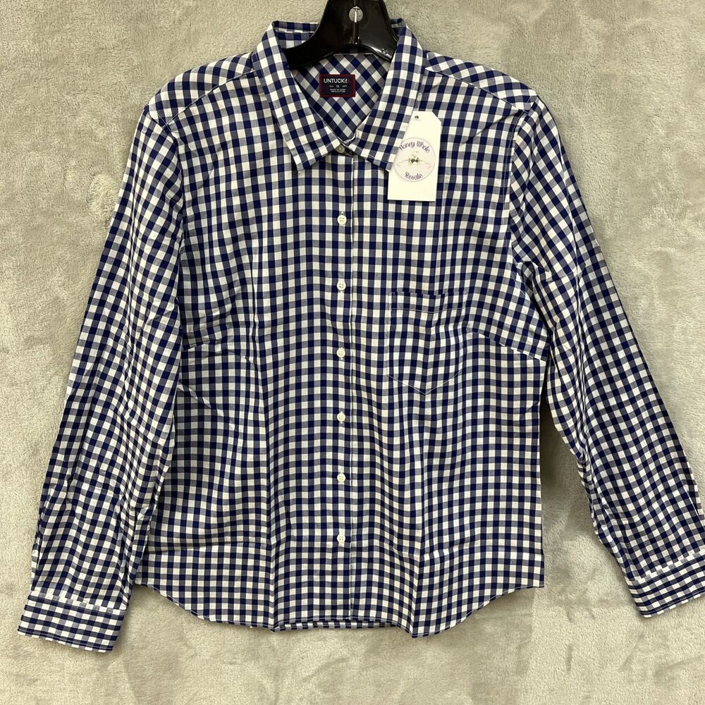 Untuckit Dress Shirt Women’s 12 L Gingham Plaid Button Up Blue 100% Cotton New